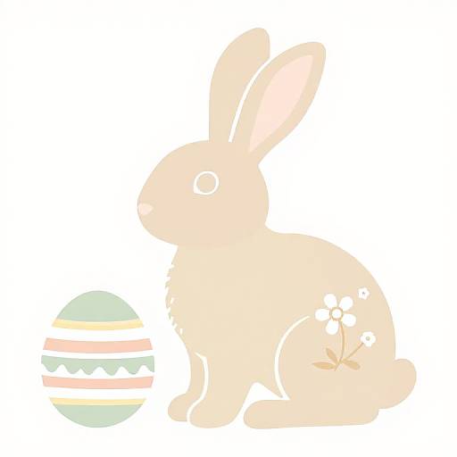 Digital illustration of a beige bunny with white flower markings, sitting beside a green, striped Easter egg. Minimalist style.