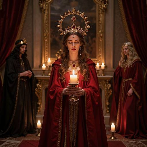 Photograph-style digital artwork of a regal woman in a red velvet robe, golden crown, holding candle, surrounded by two other robed figures in