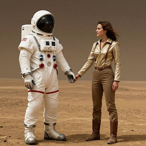 Photorealistic CGI: Astronaut in white spacesuit with red stripes holding hands with a smiling woman in gold shirt and brown pants on a barren,