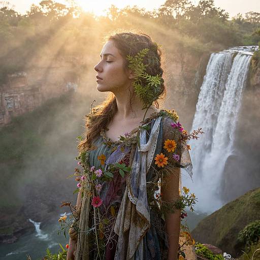 Photograph of a serene woman with flowers in her hair and a nature-woven dress, standing by a misty waterfall at sunset.