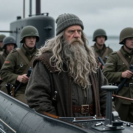 Photograph of an elderly white man with long gray beard, wearing woolen hat and dark coat, standing on submarine with WWII soldiers in green helmets and