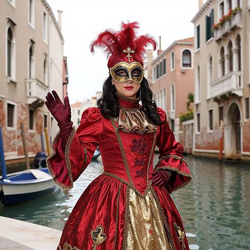 Photograph of a woman in an elaborate Venetian carnival costume with red and gold dress, black mask, red feathered headdress, and black