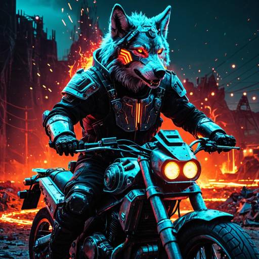 Cyberwolf Biker in Neon Post-Apocalyptic Wasteland Cyberwolf Biker in Neon Post-Apocalyptic Wasteland
