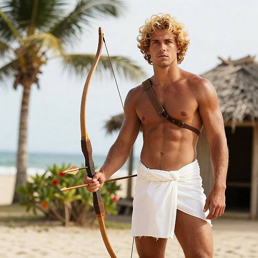 Muscular Archer on a Tropical Beach
