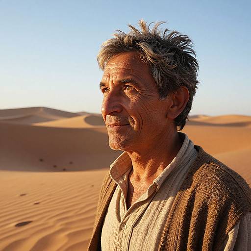 Middle-aged man with gray hair, weathered face, wearing a brown cardigan and white shirt, stands in a sunlit desert with golden sand d