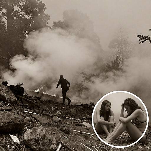 Sepia Forest Fire Scene with Inset