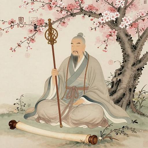 Ancient Scroll Sage Under Cherry Tree