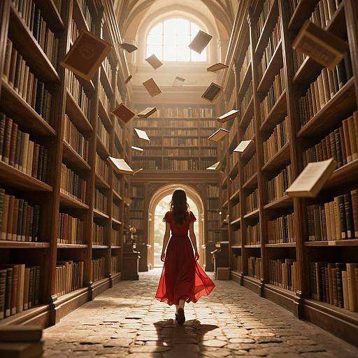 Digital art: Silhouetted woman in red dress, flowing hair, walks through a grand, sunlit library with floating books, arched windows