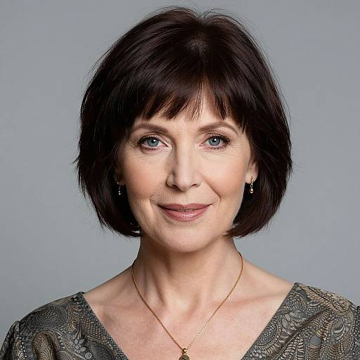 Photograph of a middle-aged white woman with short black hair, blue eyes, wearing a patterned gray top, gold necklace, and earrings, smiling