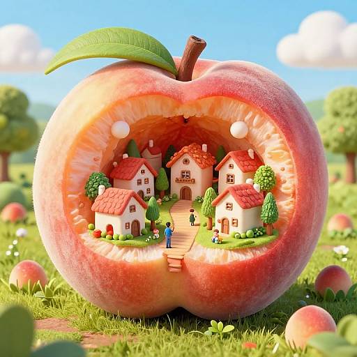 CGI image of a giant red apple with a village inside, featuring tiny houses, trees, and people, set in a sunny orchard.