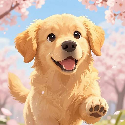 Digital artwork of a joyful, fluffy golden retriever puppy with bright eyes and open mouth, raising a paw against a backdrop of blooming cherry blossoms