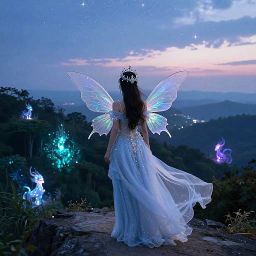 Photograph of a fairy-like woman with glowing blue wings, long black hair, and a flowing white dress, standing on a rocky path at dusk,