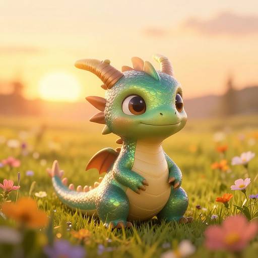 Charming CGI dragon with green scales, brown horns, and big eyes sits in a colorful, sunlit meadow filled with flowers.