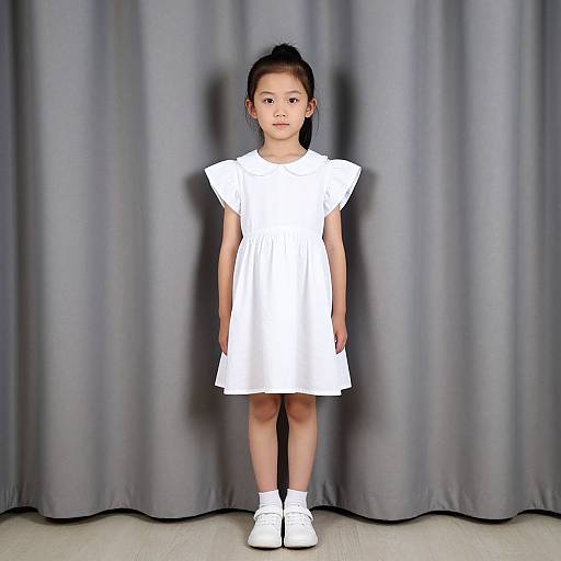Photograph of an Asian young girl with black hair in a ponytail, wearing a white dress and white sneakers, standing against a gray curtain backdrop.