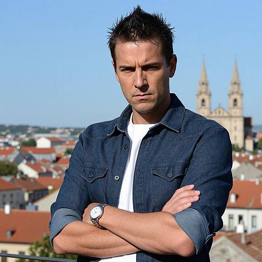 Photograph of a serious, short-haired man with spiky black hair, wearing a denim shirt and white tee, arms crossed, against a cityscape