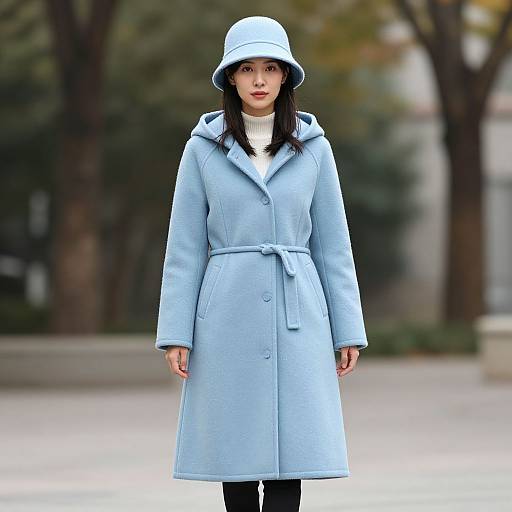 Photograph of an Asian woman with straight black hair, wearing a light blue coat, matching bucket hat, black leggings, standing outdoors in a blurred urban