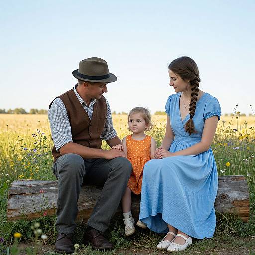 Photograph of a family in a sunlit field: father in brown vest and hat, mother in blue dress, and daughter in orange dress, sitting
