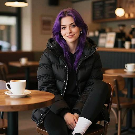 Woman with Purple Hair in Coffee Shop