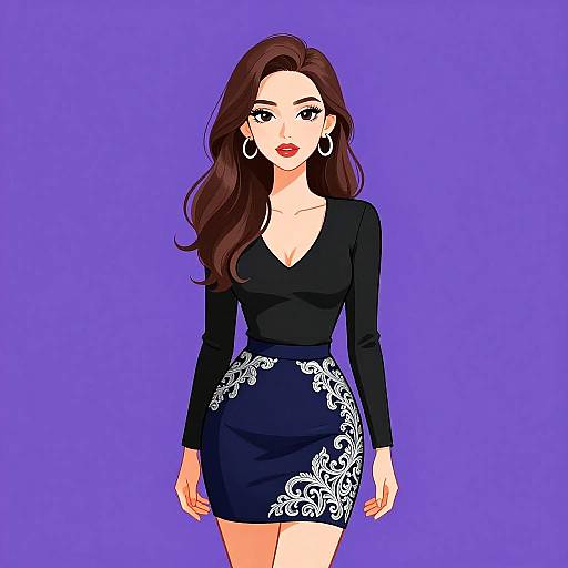 Digital illustration of a fair-skinned woman with long brown hair, wearing a black V-neck dress with white floral patterns, large hoop earrings, and red