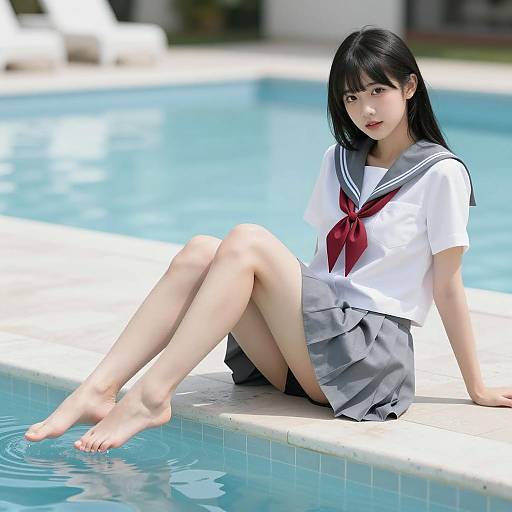 Asian Woman in Sailor Uniform by Pool