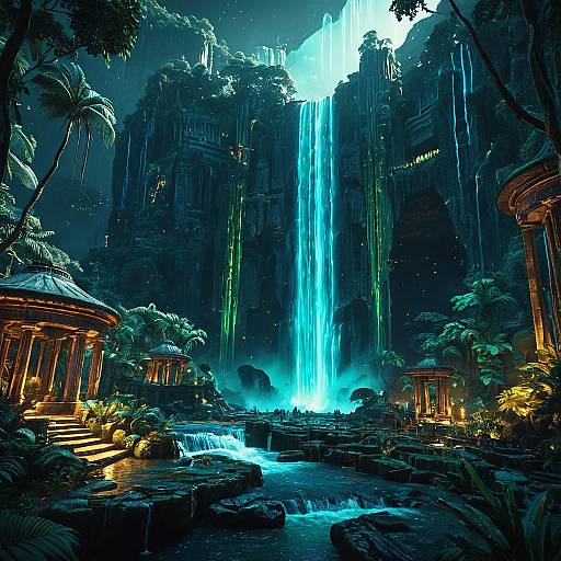 Ancient Bioluminescent Waterfall City