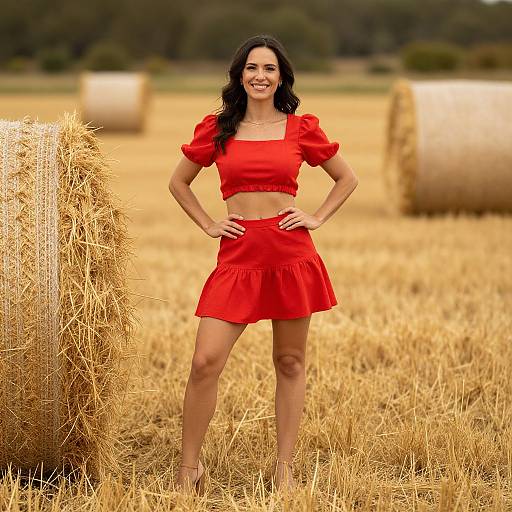Photograph of a smiling woman with long black hair, wearing a red crop top and skirt, standing in a golden hayfield with large hay bales