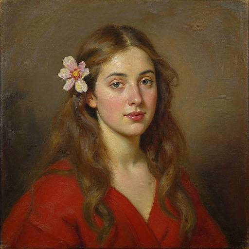 Photorealistic painting of a young Caucasian woman with long, wavy brown hair, wearing a red dress, and adorned with a pink flower in her
