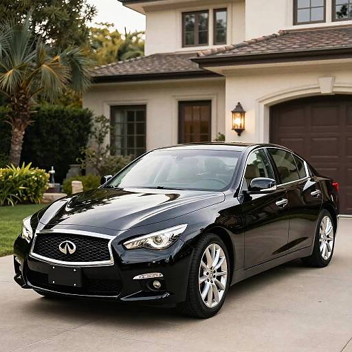 Photograph of a sleek black Hyundai coupe parked in a suburban driveway with a white house and palm trees in the background.