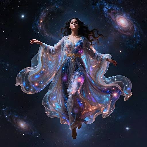 Digital artwork of a celestial woman with long black hair, wearing a glowing, star-embellished, translucent dress, floating in a starry,