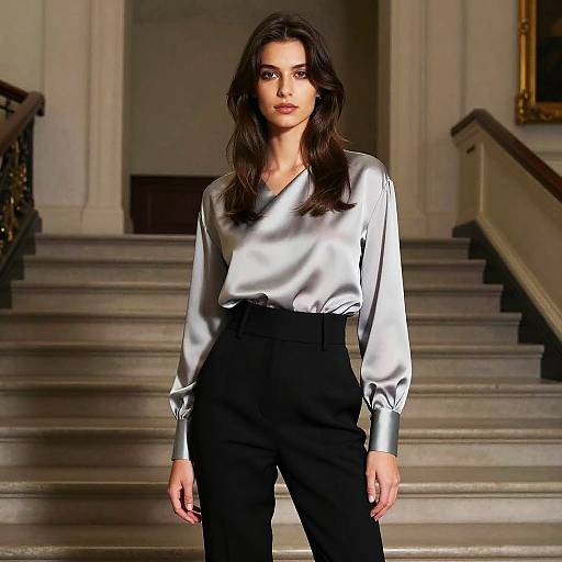 Fashion Model in Silk Blouse and Tailored Trousers