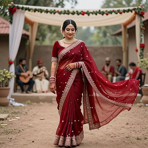 Photograph of a South Asian bride in a red saree with gold embroidery, standing gracefully outdoors, surrounded by musicians and floral decorations.