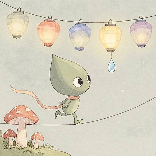 Whimsical Alien Tiptoeing on String with Lanterns