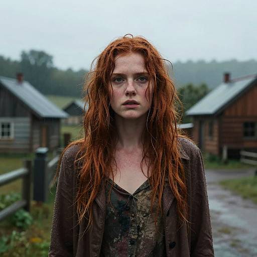 Red-haired woman in rainy rustic village