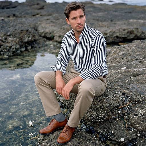 Photograph of a serious, brown-haired man in a black-and-white striped shirt, beige pants, and brown shoes, sitting on rocky shoreline with a