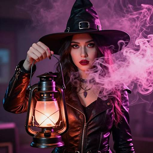 Photograph of a mysterious witch with black hat, leather jacket, purple lipstick, holding glowing lantern, surrounded by pink smoke.