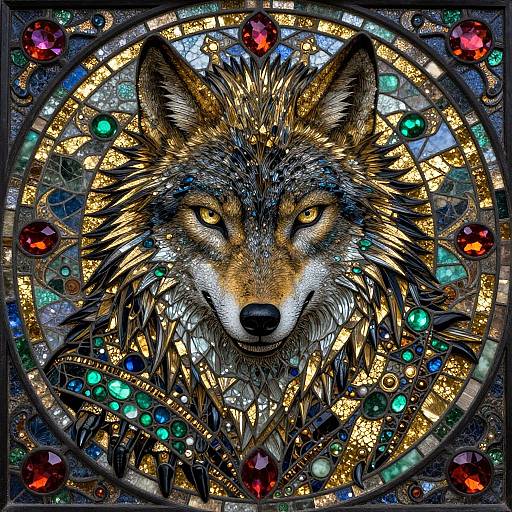 Digital art of a detailed, fierce wolf head framed by a vibrant, circular stained glass design with red, blue, and green gems.