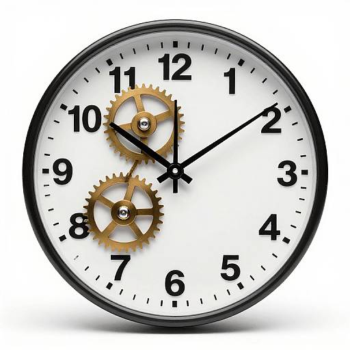 Photograph of a black-framed, white-faced analog clock with black numerals, two visible gold gears, and black hands showing 10:10