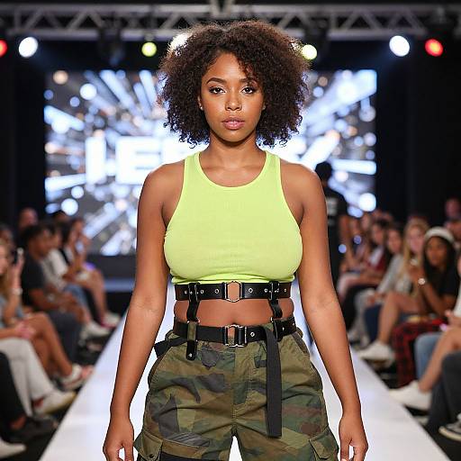 Photograph of a Black woman with curly hair, wearing a neon yellow crop top and camouflage pants, walking a fashion runway with bright lights and seated audience