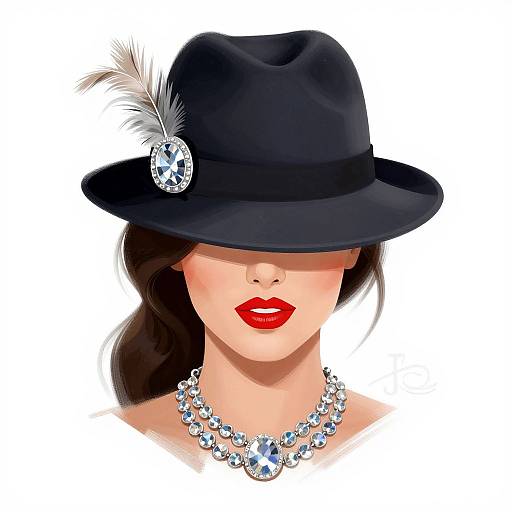 Digital illustration of a stylish mannequin head with black hat, white feather, diamond brooch, and matching necklace, red lipstick, white background.