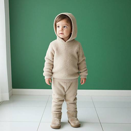 Photograph of a young child with fair skin and brown hair, wearing a beige, hooded, fleece onesie and matching boots, standing in a
