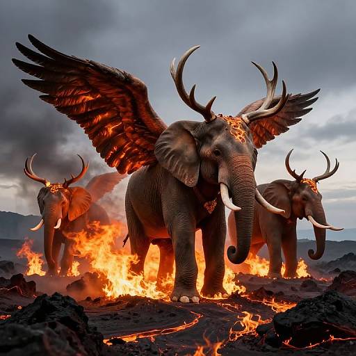Photograph of three mythical, fire-enchanted elephants with glowing lava crowns, large wings, and prominent tusks, standing in a fiery,