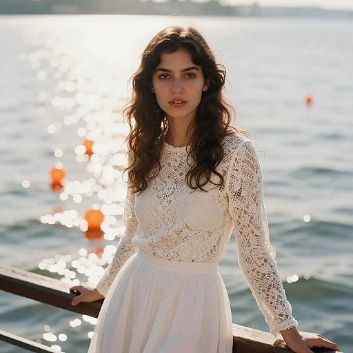 Photograph of a young woman with long, wavy brown hair, wearing a white lace long-sleeve top and flowing white skirt, standing by
