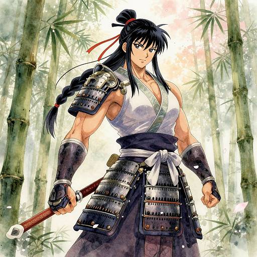 Muscular Anime Samurai Woman at Dawn