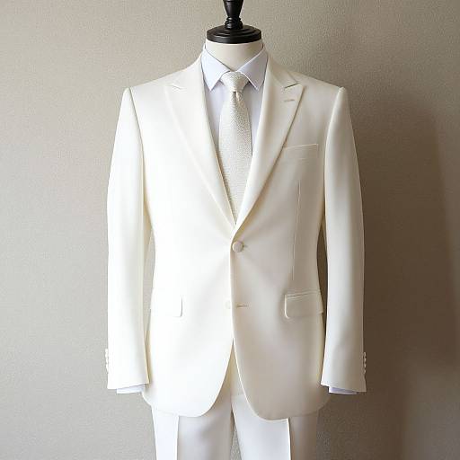 Photograph of a white suit on a black mannequin against a plain, light beige wall; suit includes a white dress shirt and shimmering silver
