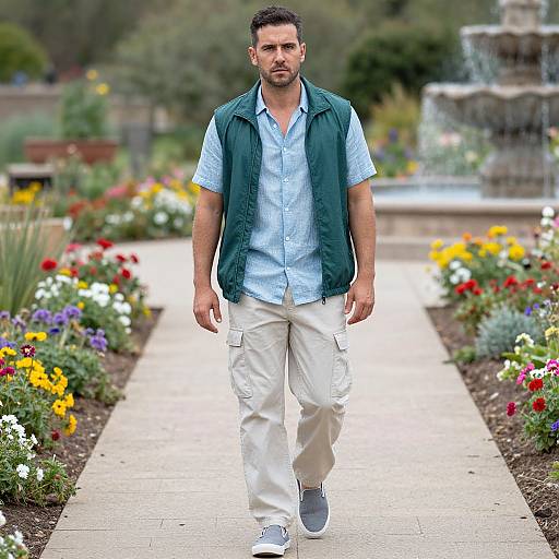 Photograph of a bearded man with short dark hair, wearing a green vest, light blue shirt, and white pants, walking on a colorful flower