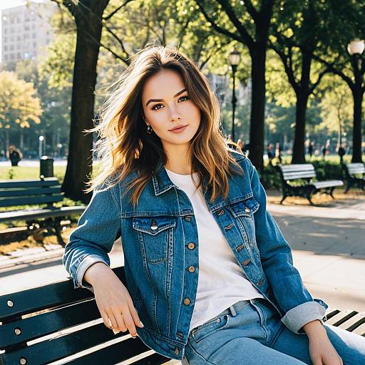 Young Woman with Long Blowout Hairstyle on Park Bench