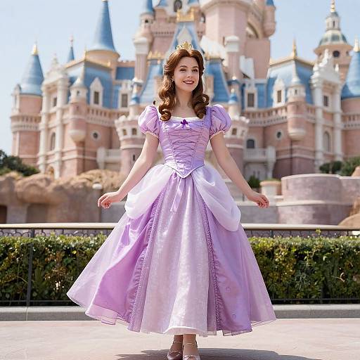 Photograph of a smiling young woman with brown hair, wearing a lavender princess dress and crown, standing in front of a colorful fairy-tale castle with