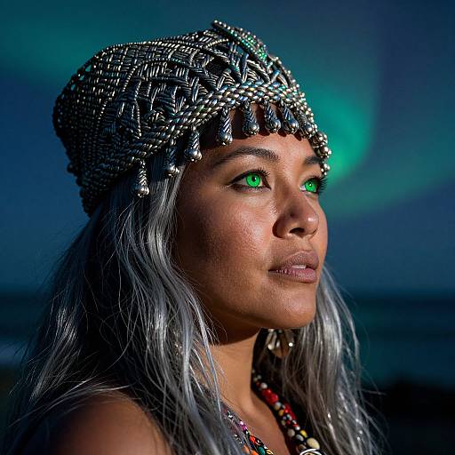Photograph of a woman with glowing green eyes, wearing a jeweled headpiece and silver-gray hair, against a dark blue, aurora-lit