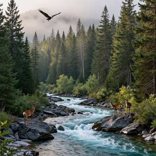 Photograph of a turbulent mountain stream, surrounded by dense evergreen forest; two deer stand on rocks, a bird soars overhead.