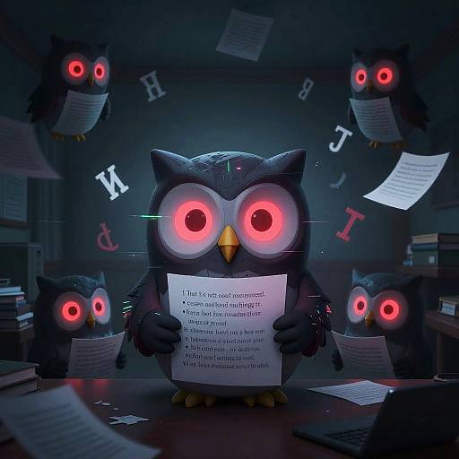 CGI digital art of glowing red-eyed owls holding papers in a dimly lit, cluttered room with floating letters and papers.